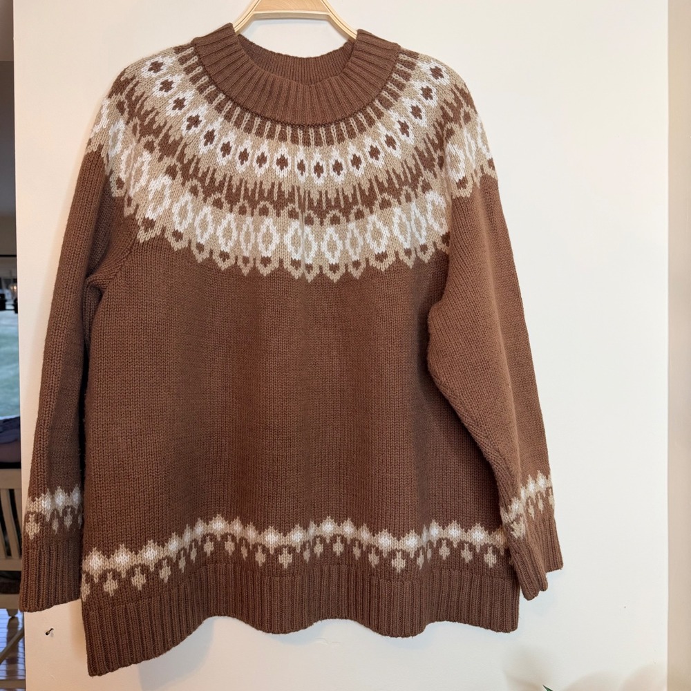 Lands End Fair Isle Sweater Womens 3X Brown Nordic Mock Neck Cotton Blend Career